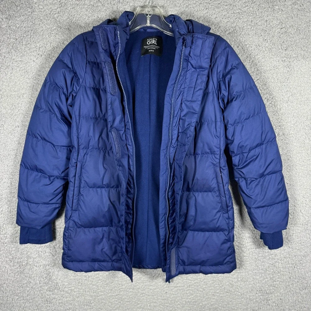 Athleta Girl Blue Snow Day Down Jacket Hooded Puffer Winter Coat Kid Medium 8-10